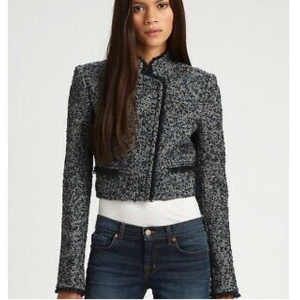 Theory Myleen Wool Blend Tweed Cropped Blazer Jacket Winterberry Blue Size 12